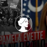 A split-image shows a black-and-white protest scene with signs about abortion rights on the left and a smiling woman in front of an American flag on the right. The text “PAMELA EVETTE” is featured, highlighting her Pro-Life stance in the SC Runoff.