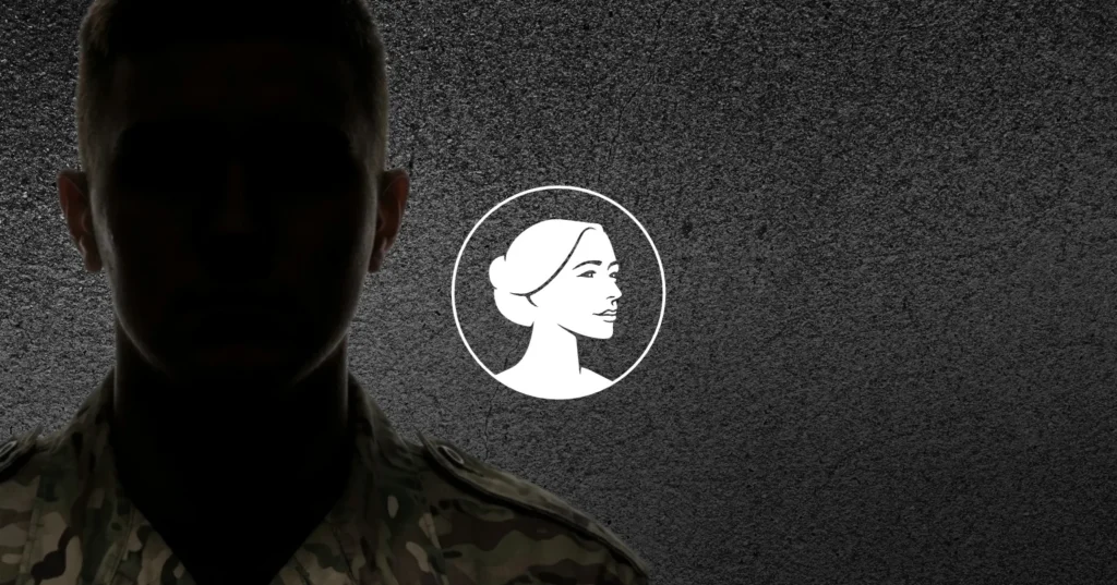 A person in military uniform, possibly an Army Captain, stands in shadow on the left, with a white circular icon of a woman's profile centered on a dark, textured background.
