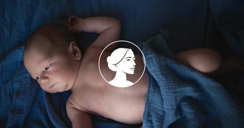 A newborn baby lies on a soft blue blanket, covered partially with a blue cloth. An illustrated woman's profile in a white circle is centered over the baby's chest, symbolizing the commitment to Protect Unborn Children.