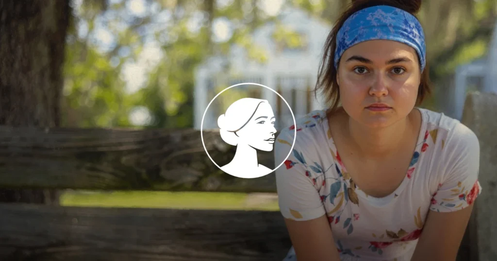 A woman wearing a blue headband and floral shirt sits on a wooden bench outdoors, looking slightly to the side with a neutral expression—her gaze thoughtful, perhaps reflecting on issues like the recent abortion drug lawsuit. The background is blurred with green trees and sunlight.