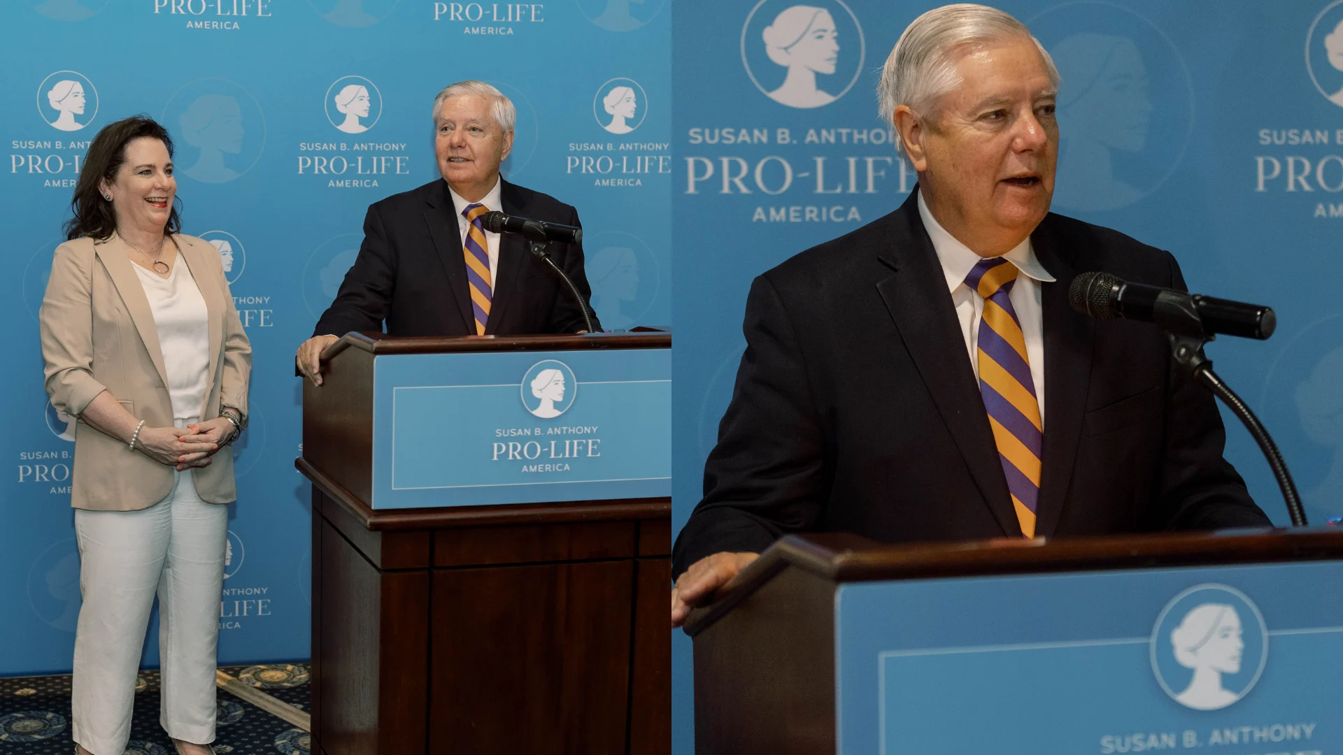 Two people stand at a podium with Susan B. Anthony Pro-Life America branding; the man speaks into a microphone while the woman stands nearby, both dressed in business attire.