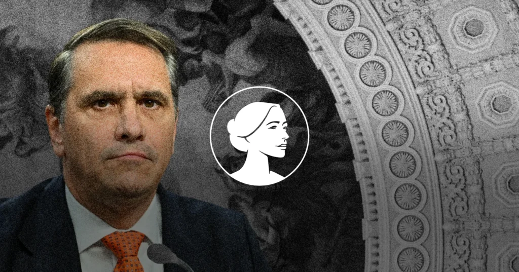 A man in a suit and orange tie sits in front of a microphone, with a grayscale illustration of a woman's profile and a textured, ornate architectural background on the right—capturing the formal atmosphere reminiscent of an AG Nominee during the Blanche Confirmation Hearing.