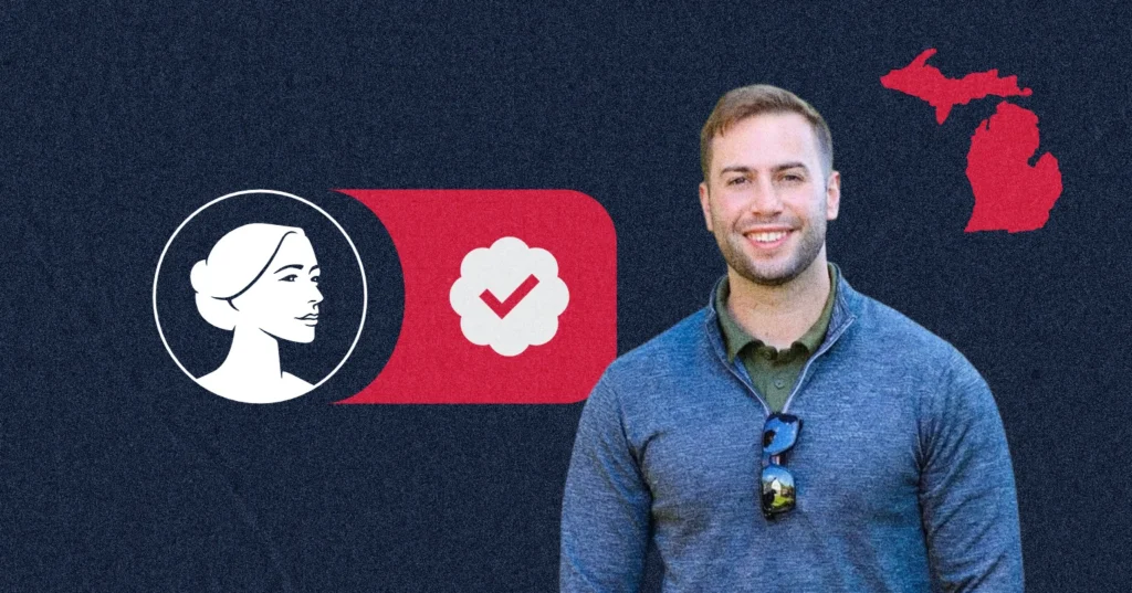 A smiling man stands in front of graphics showing a woman’s profile, a checkmark in a circle, and a red outline of Michigan on a dark background—highlighting Mike Bouchard’s presence in the MI-10 district.