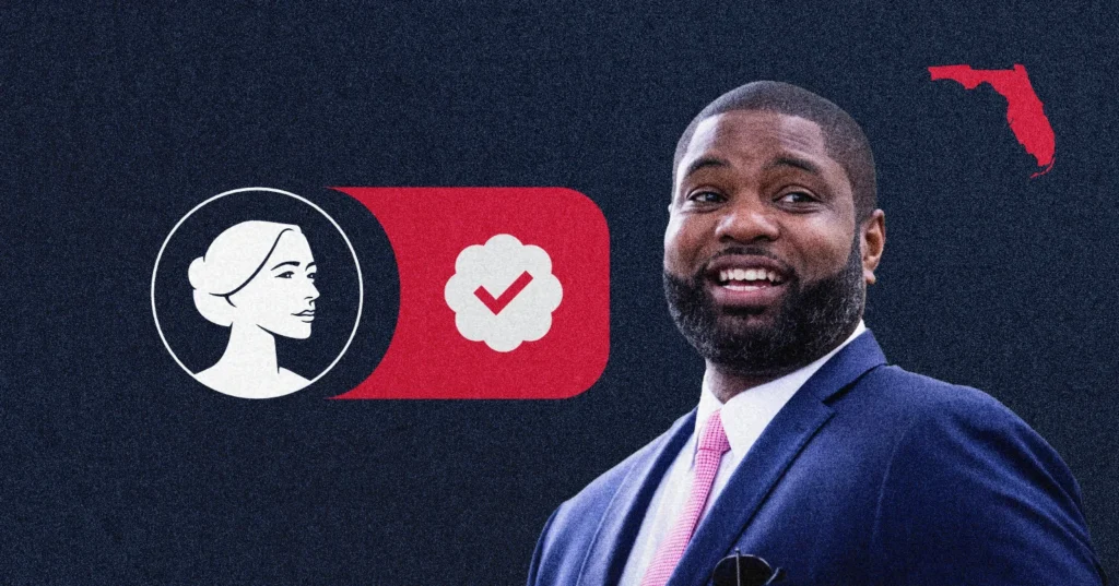 A man in a suit smiles in front of an illustration featuring a woman's profile, a checkmark badge, and the outline of Florida on a dark background—highlighting Byron Donalds, noted for his Pro-Life stance as he emerges in discussions about the next Florida Governor.