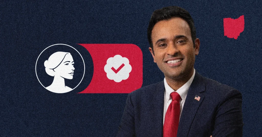 A man in a suit and red tie smiles in front of graphics: a woman’s profile in a circle, a verified checkmark, and an outline of Ohio on a dark blue background, representing the Pro-Life values often discussed by Ohio Governor Vivek Ramaswamy.