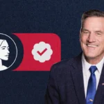 A smiling man in a suit stands in front of graphics: a woman’s profile, a checkmark in a circle, and a red shape of a U.S. state on a dark background—signifying SD Governor Larry Rhoden's pro-life stance.