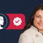 A woman in a light blazer smiles in front of a dark blue background with a graphic of a female profile, a check mark, and red geometric shapes, symbolizing Rodriguez-Williams’s commitment to Pro-Life values and leadership as WY SOS.