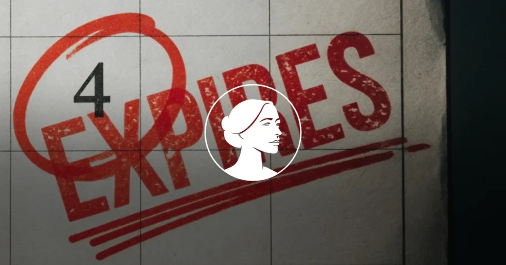 A grid overlay on a wall with large red text reading EXPIRES, partially obscured by a white silhouette of a woman's face in profile inside a circle—hinting at Planned Parenthood. A red circle is drawn around the letter E.