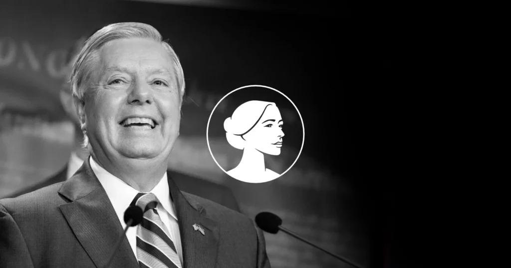 Smiling man in suit and tie stands at a podium with microphones. A white circle showing a woman's profile, associated with SBA Pro-Life America, is centered over the image. The background is dark and out of focus.