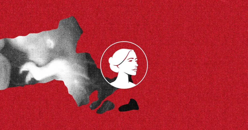 A grayscale silhouette of Massachusetts on a red textured background, with a white circle containing an illustrated profile of a woman’s face placed near the eastern coast, subtly alluding to the ongoing discussions around the Massachusetts abortion bill.