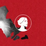 A grayscale silhouette of Massachusetts on a red textured background, with a white circle containing an illustrated profile of a woman’s face placed near the eastern coast, subtly alluding to the ongoing discussions around the Massachusetts abortion bill.