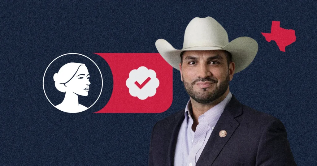 A man in a cowboy hat and suit stands in front of icons, including a woman's profile, a checkmark inside a badge, and the outline of Texas on a dark background, representing Judge Tano Tijerina and his Pro-Life values for TX-28.