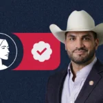 A man in a cowboy hat and suit stands in front of icons, including a woman's profile, a checkmark inside a badge, and the outline of Texas on a dark background, representing Judge Tano Tijerina and his Pro-Life values for TX-28.
