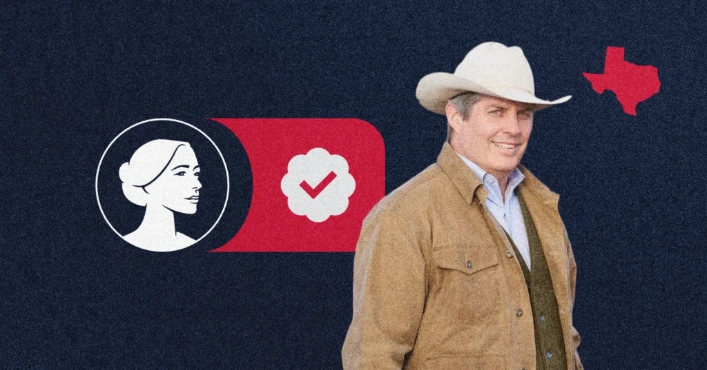 A man in a cowboy hat and brown jacket stands beside graphics of a woman's profile, a checkmark badge, and a red Texas state silhouette marked with "TX-19," highlighting Tom Sell's strong Pro-Life values on a dark background.