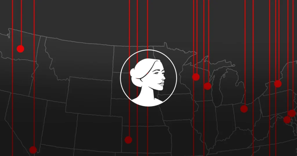 A grayscale map of the US with red vertical lines and dots. A white silhouette of a woman's head is centered over the Midwest, enclosed in a circle—suggesting themes such as abortion drugs or issues highlighted in recent FDA lawsuit debates.
