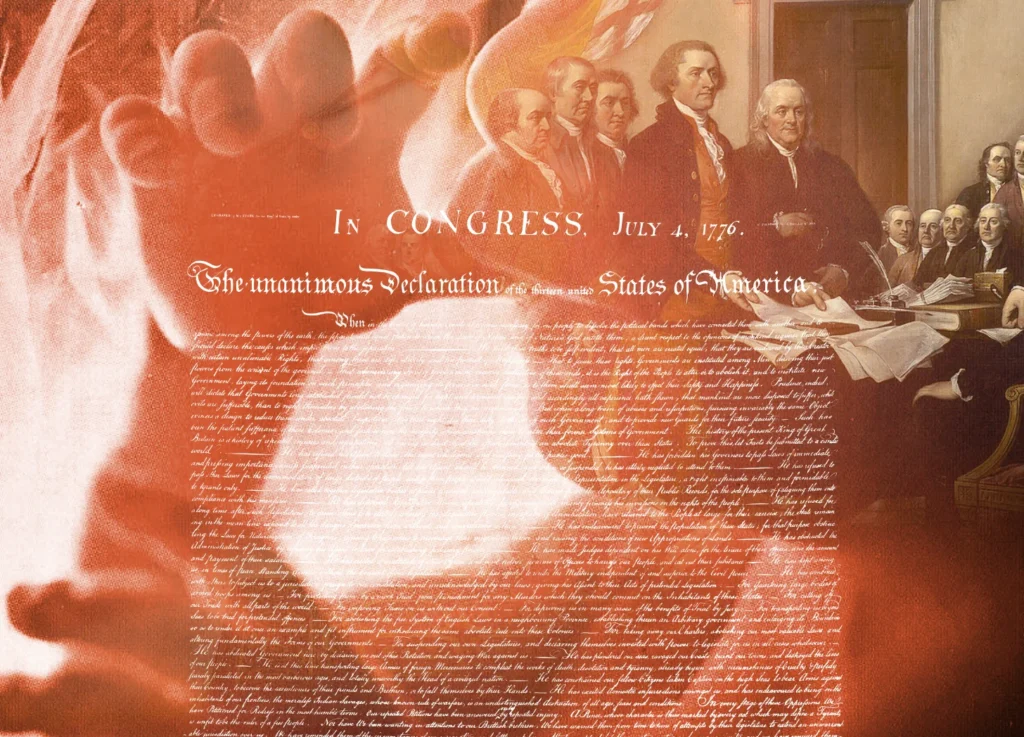 A faded image of the Declaration of Independence, with founding fathers signing, is overlaid with red and orange tones and a faint image of a raised fist—symbolizing the ongoing struggle for justice and protecting rights enshrined since the nation’s founding and echoed in milestones like the 14th Amendment.