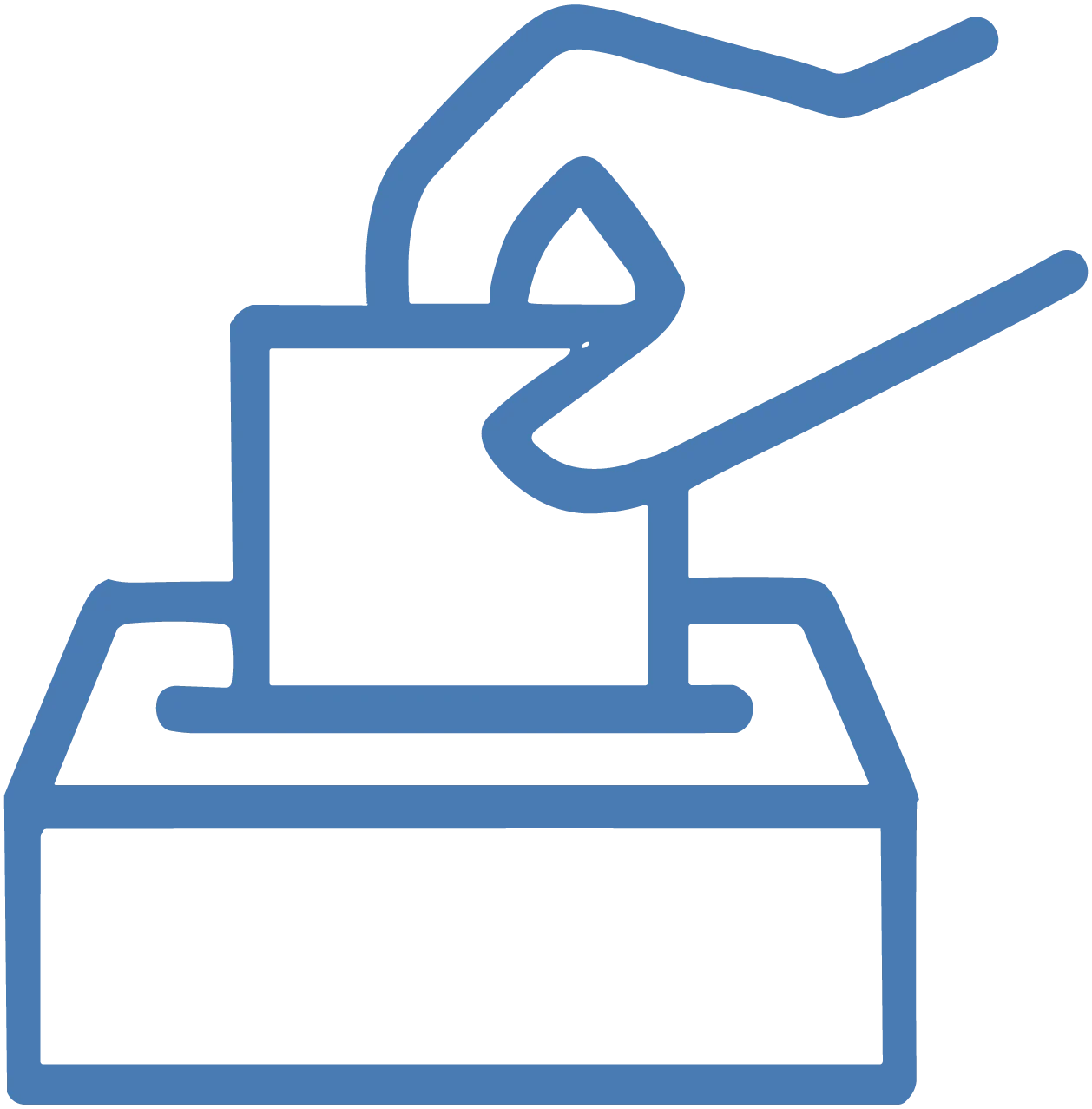 Blue outline of a hand placing a ballot into a box, symbolizing voting or elections—and lassoing the ideals of Life and Liberty—on a white background.