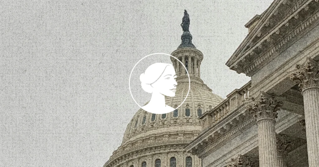 The U.S. Capitol building with a white, stylized female profile illustration overlayed in the center foreground, evoking themes of justice and leadership reminiscent of figures like the Attorney General or legal advocates such as Todd Blanche.