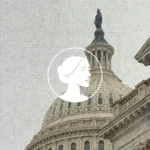 The U.S. Capitol building with a white, stylized female profile illustration overlayed in the center foreground, evoking themes of justice and leadership reminiscent of figures like the Attorney General or legal advocates such as Todd Blanche.