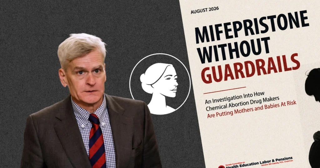 A man in a suit stands next to a report titled Mifepristone Without Guardrails, which discusses risks of abortion drugs. The cover includes a profile illustration of a woman and highlights concerns for mothers and babies, emphasizing the importance of safety protocols in the use of medications such as the Cassidy Abortion Drug.