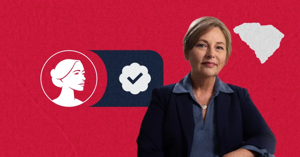 A woman in a blazer sits in front of a red background with a profile icon, a checkmark badge symbolizing her runoff win, and a gray silhouette of South Carolina.