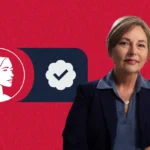 A woman in a blazer sits in front of a red background with a profile icon, a checkmark badge symbolizing her runoff win, and a gray silhouette of South Carolina.