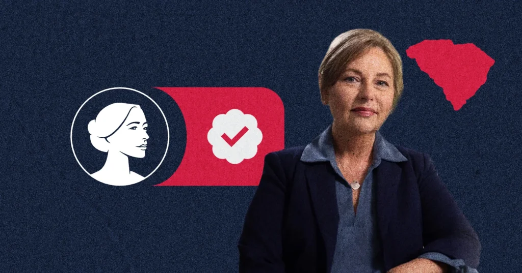 A woman in a blazer is shown next to a profile icon with a checkmark and a red shape of South Carolina on a dark background, representing Darline Graham, SC-Sen candidate known for her Pro-Life stance.
