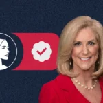 A woman with blonde hair in a red blazer and pearl necklace smiles in front of graphics showing a female profile, a checkmark, and a red Mississippi state outline on a dark blue background, highlighting Lynn Fitch’s pivotal role in the Pro-Life movement following the Dobbs Supreme Court decision.