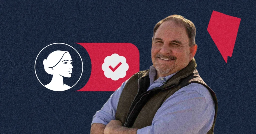 Smiling man with arms crossed stands before a dark blue background featuring a red Nevada state shape, a female profile illustration, and a checkmark icon, representing Pro-Life advocate David Flippo for NV-02.