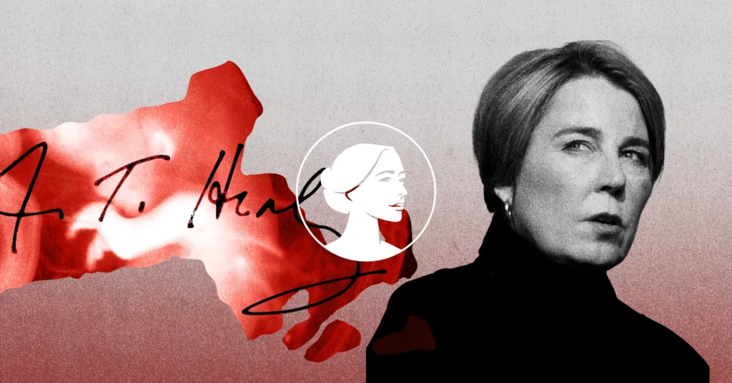 A woman with short hair in a black turtleneck looks right. Behind her are a red outline of Massachusetts, referencing Massachusetts law, a sketch of a woman’s profile, and a large signature on a textured background.