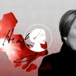 A woman with short hair in a black turtleneck looks right. Behind her are a red outline of Massachusetts, referencing Massachusetts law, a sketch of a woman’s profile, and a large signature on a textured background.
