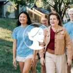 Five people, four in blue shirts and one in a tan jacket, walk together outside on a sidewalk with green grass and trees in the background, embodying the spirit of Iowans participating in a Voter Contact Program. A white graphic logo overlays the image’s center.