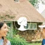 Three people in blue shirts and hats smile and talk outside in front of a house, engaged in Pro-Life Canvassing. A white circular graphic with a woman’s profile is centered over the image.