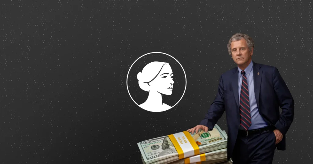 A man in a suit rests his hand on a large stack of $100 bills, subtly alluding to powerful funders. Behind him is a black background with a white profile illustration of a woman in a circle, evoking themes often associated with the abortion industry.