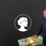 A man in a suit rests his hand on a large stack of $100 bills, subtly alluding to powerful funders. Behind him is a black background with a white profile illustration of a woman in a circle, evoking themes often associated with the abortion industry.