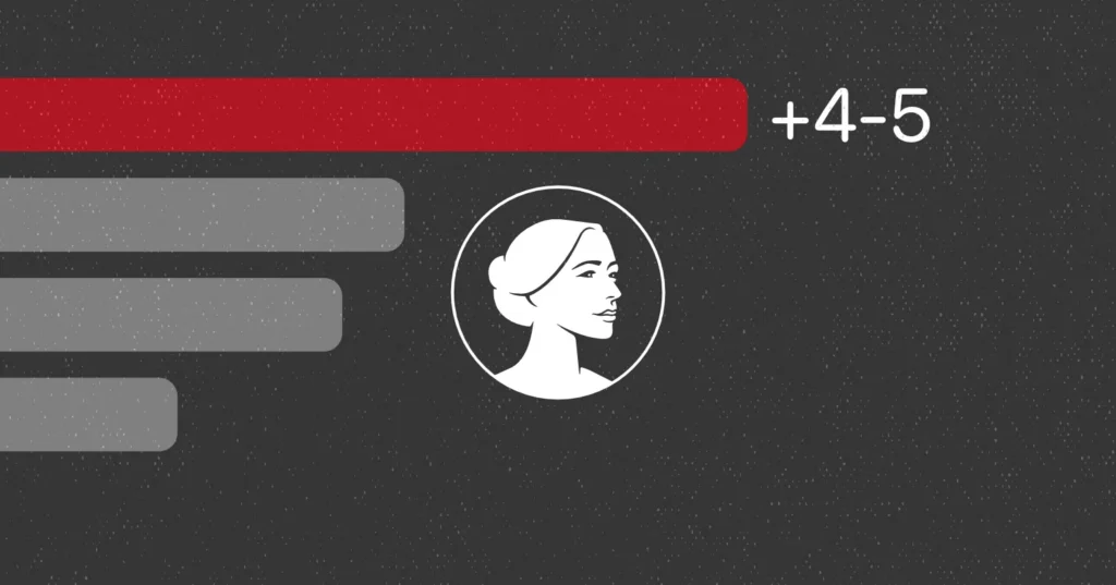 A grayscale illustration of a womans profile is centered. Red and gray horizontal bars and the text +4-5 appear on the left and upper right, all on a dark speckled background.
