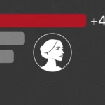 A grayscale illustration of a womans profile is centered. Red and gray horizontal bars and the text +4-5 appear on the left and upper right, all on a dark speckled background.