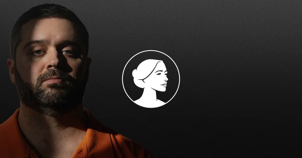 A man in an orange prison uniform, sentenced to 6 months in prison plus probation for procuring abortion drugs to poison his pregnant girlfriend, is partially in shadow on the left; a white icon of a woman’s profile appears against a dark background on the right.