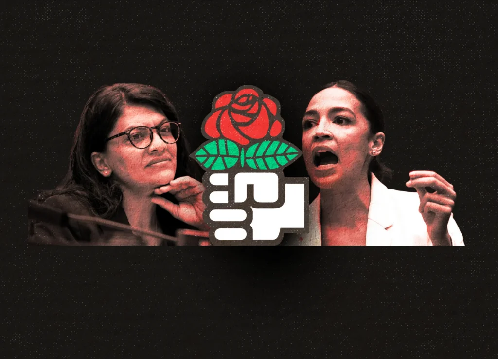 Two women speak passionately; one gestures while the other looks thoughtful. Between them is a red rose logo with stylized hands, set against a dark background.
