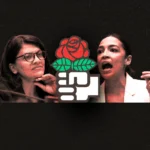 Two women speak passionately; one gestures while the other looks thoughtful. Between them is a red rose logo with stylized hands, set against a dark background.