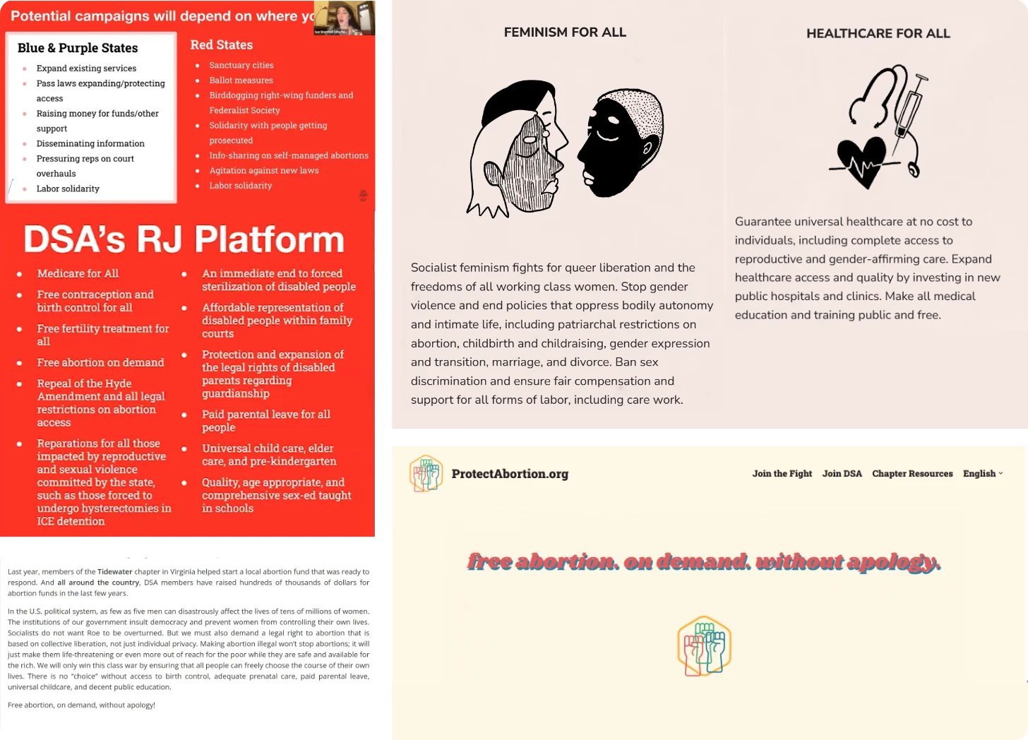 An infographic outlines DSA’s RJ Platform, including goals like Medicare for All and paid leave, feminist and healthcare values, an abortion agenda that champions fundamental rights, and campaign strategies for different states. Illustrations and bold headers highlight key themes while connecting these priorities to broader efforts alongside Democrats.