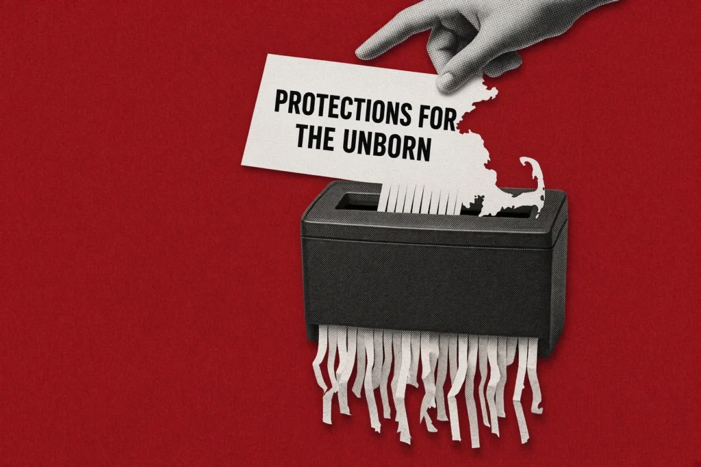 A hand places a paper reading PROTECTIONS FOR THE UNBORN into a shredder, with a red background and paper being shredded—a stark visual commentary on abortion debates as GOP candidates make headlines ahead of the midterms.