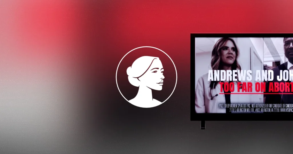 A graphic features a white profile icon of a woman on a red gradient background and a TV screen showing two people with bold text: ANDREWS AND JONES TOO FAR ON ABORTION, highlighting the Abortion Agenda pushed by Democrats Andrews & Johnson in SC.
