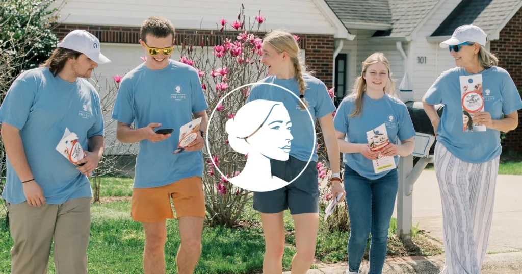 Five people in blue shirts stand and walk in a suburban neighborhood, holding flyers as part of a Voter Contact Program. Pink flowers bloom in the background, and there’s a white illustrated woman’s face logo over the image encouraging neighbors to Elect Whatley.