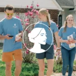 Five people in blue shirts stand and walk in a suburban neighborhood, holding flyers as part of a Voter Contact Program. Pink flowers bloom in the background, and there’s a white illustrated woman’s face logo over the image encouraging neighbors to Elect Whatley.
