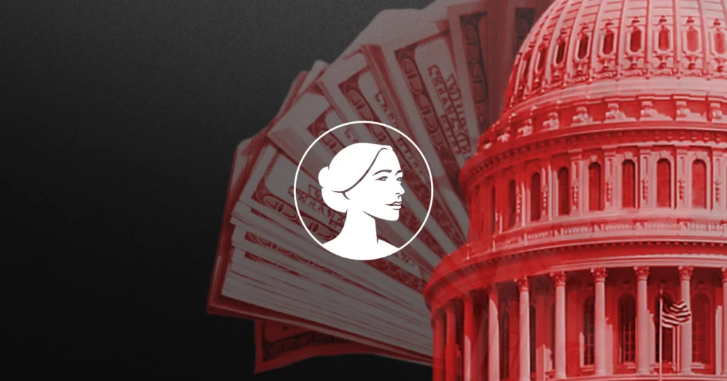 Illustration of a woman’s profile icon overlaid on U.S. dollar bills, with part of the U.S. Capitol dome in red on the right, against a black background—symbolizing taxpayer-funded abortion under Obamacare.