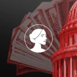 Illustration of a woman’s profile icon overlaid on U.S. dollar bills, with part of the U.S. Capitol dome in red on the right, against a black background—symbolizing taxpayer-funded abortion under Obamacare.