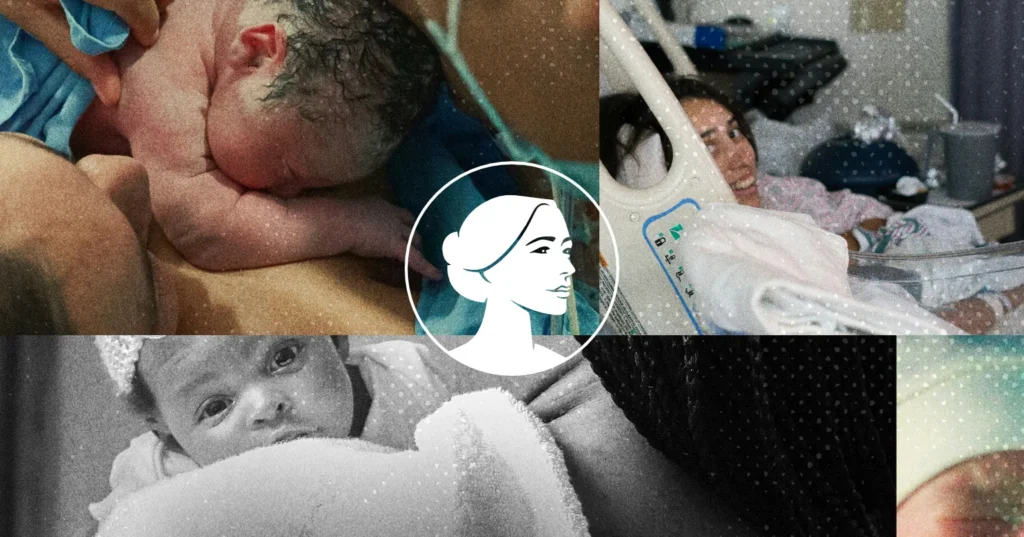 A collage with newborns, a mother in a hospital bed smiling at her baby, and an illustrated woman’s profile in the center. The images highlight moments after childbirth on the 50th anniversary of the Hyde Amendment.