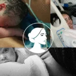 A collage with newborns, a mother in a hospital bed smiling at her baby, and an illustrated woman’s profile in the center. The images highlight moments after childbirth on the 50th anniversary of the Hyde Amendment.