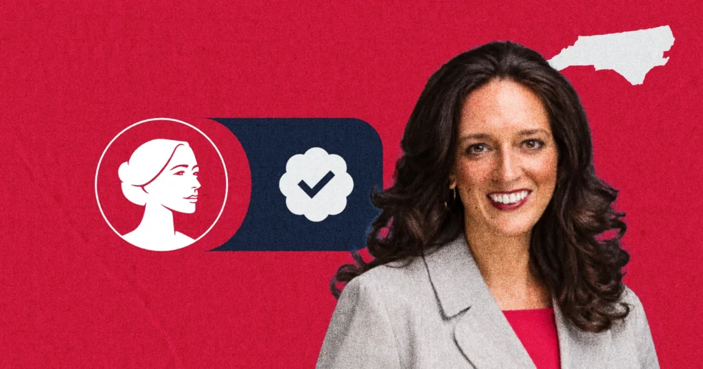 A smiling woman in a light suit stands in front of a red background with a white state outline and icons of a profile and a checkmark in a badge, representing Jennifer Balkcom’s campaign for NC-11 as a Pro-Life advocate.